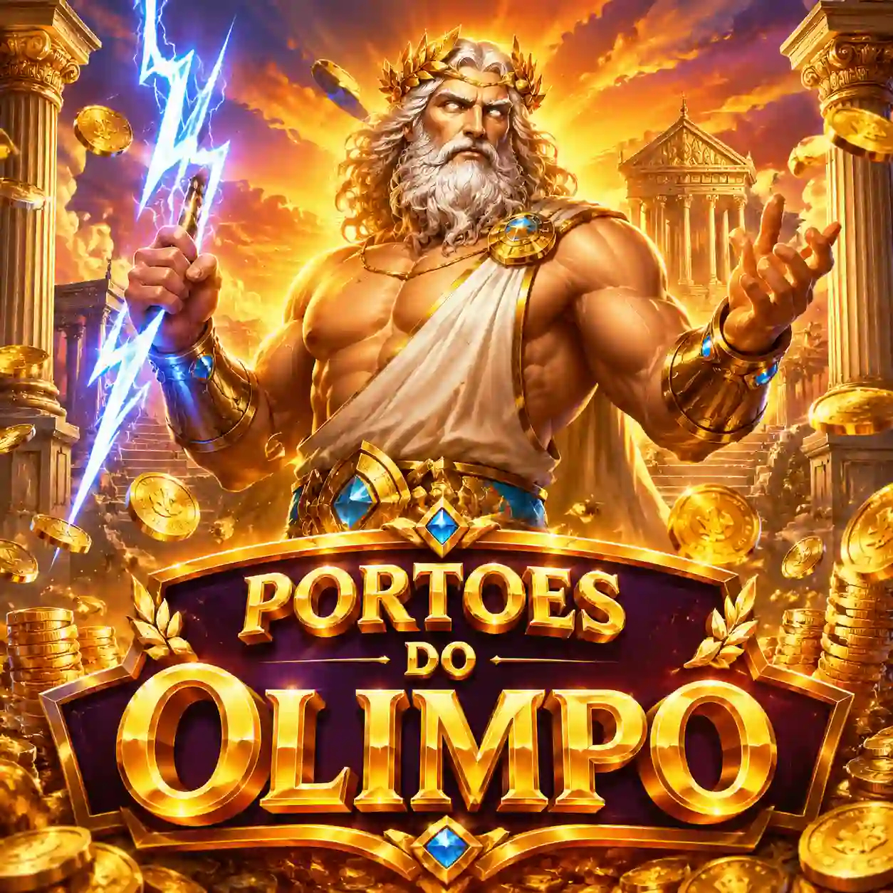 Tela do slot Gates of Olympus com Zeus ao lado da grade 6x5 e multiplicadores dourados caindo
